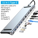 Adaptateur Type C 11 In 1 
Usb - Sd Card - Tf Card - Usb - Usb C - Usb - Rj45 - Hdmi - Port Audio 3.5 - Vga - Mini Display